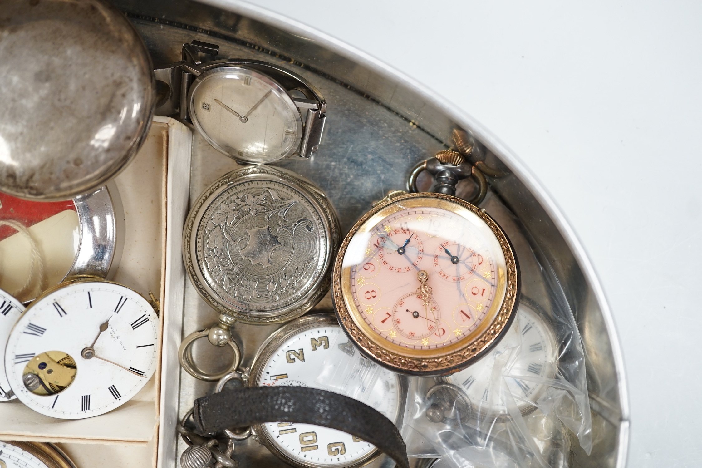 A 19th century silver pair cased pocket watch by Phillips of Ludlow, other pocket watches and movements etc, including silver, gun metal and enamel.